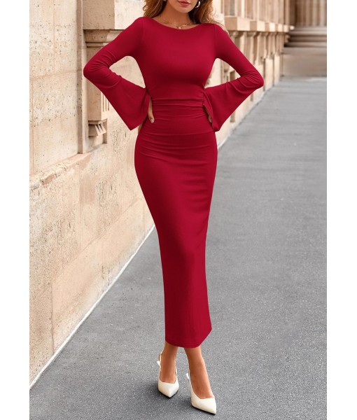 PRETTYGARDEN Maxi Dresses for Women 2025 Elegant Classy Fall Long Bell Sleeve Ruched Bodycon Fitted Cocktail Party Slit Dress