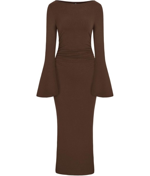 PRETTYGARDEN Maxi Dresses for Women 2025 Elegant Classy Fall Long Bell Sleeve Ruched Bodycon Fitted Cocktail Party Slit Dress