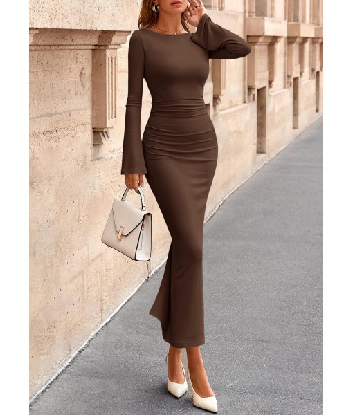 PRETTYGARDEN Maxi Dresses for Women 2025 Elegant Classy Fall Long Bell Sleeve Ruched Bodycon Fitted Cocktail Party Slit Dress