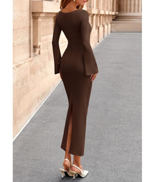 PRETTYGARDEN Maxi Dresses for Women 2025 Elegant Classy Fall Long Bell Sleeve Ruched Bodycon Fitted Cocktail Party Slit Dress