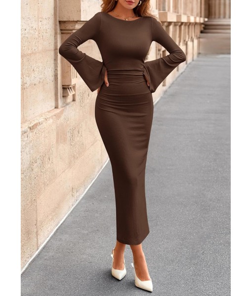 PRETTYGARDEN Maxi Dresses for Women 2025 Elegant Classy Fall Long Bell Sleeve Ruched Bodycon Fitted Cocktail Party Slit Dress