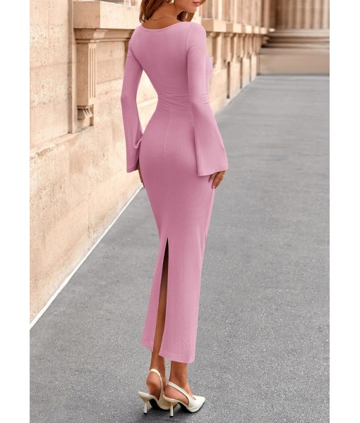 PRETTYGARDEN Maxi Dresses for Women 2025 Elegant Classy Fall Long Bell Sleeve Ruched Bodycon Fitted Cocktail Party Slit Dress