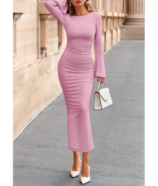 PRETTYGARDEN Maxi Dresses for Women 2025 Elegant Classy Fall Long Bell Sleeve Ruched Bodycon Fitted Cocktail Party Slit Dress