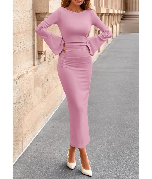 PRETTYGARDEN Maxi Dresses for Women 2025 Elegant Classy Fall Long Bell Sleeve Ruched Bodycon Fitted Cocktail Party Slit Dress
