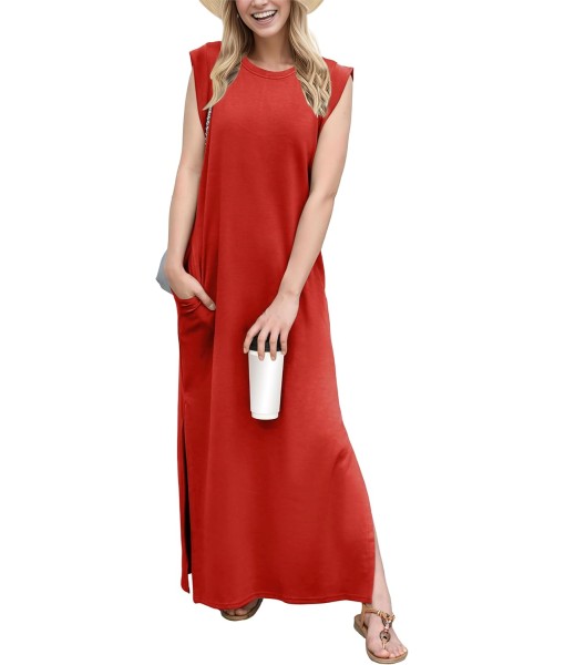 GRECERELLE 2025 Women Year-Round Casual Round Neck Loose Split Wrinkle-Free Long Maxi Vacation Dress with Pockets (XS-3XL)