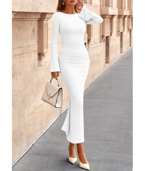 PRETTYGARDEN Maxi Dresses for Women 2025 Elegant Classy Fall Long Bell Sleeve Ruched Bodycon Fitted Cocktail Party Slit Dress