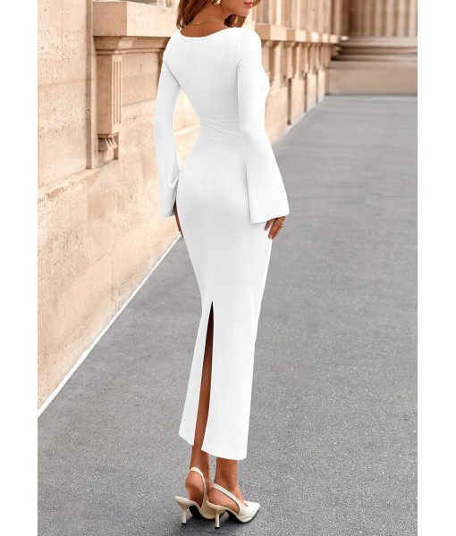 PRETTYGARDEN Maxi Dresses for Women 2025 Elegant Classy Fall Long Bell Sleeve Ruched Bodycon Fitted Cocktail Party Slit Dress