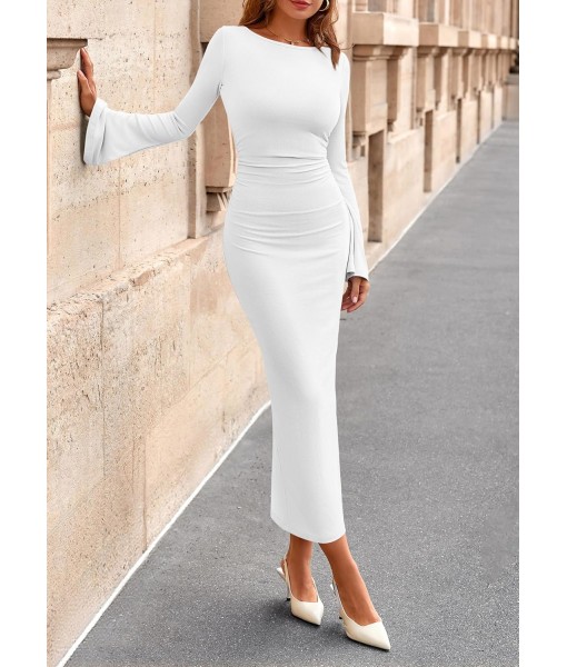 PRETTYGARDEN Maxi Dresses for Women 2025 Elegant Classy Fall Long Bell Sleeve Ruched Bodycon Fitted Cocktail Party Slit Dress