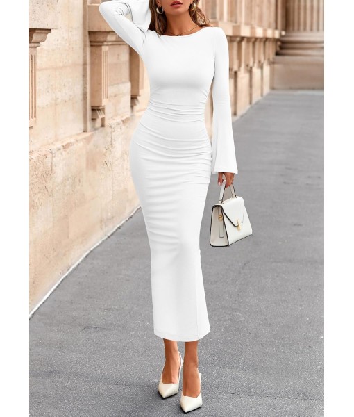 PRETTYGARDEN Maxi Dresses for Women 2025 Elegant Classy Fall Long Bell Sleeve Ruched Bodycon Fitted Cocktail Party Slit Dress