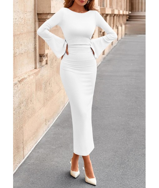 PRETTYGARDEN Maxi Dresses for Women 2025 Elegant Classy Fall Long Bell Sleeve Ruched Bodycon Fitted Cocktail Party Slit Dress