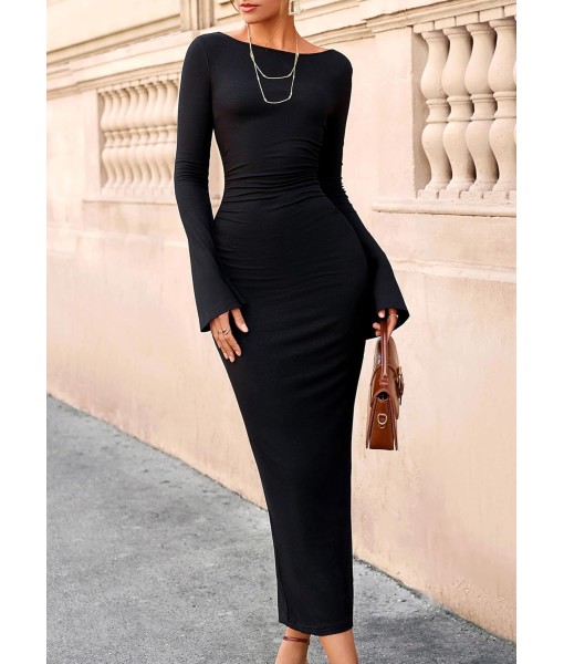 PRETTYGARDEN Maxi Dresses for Women 2025 Elegant Classy Fall Long Bell Sleeve Ruched Bodycon Fitted Cocktail Party Slit Dress