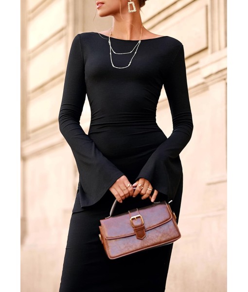 PRETTYGARDEN Maxi Dresses for Women 2025 Elegant Classy Fall Long Bell Sleeve Ruched Bodycon Fitted Cocktail Party Slit Dress