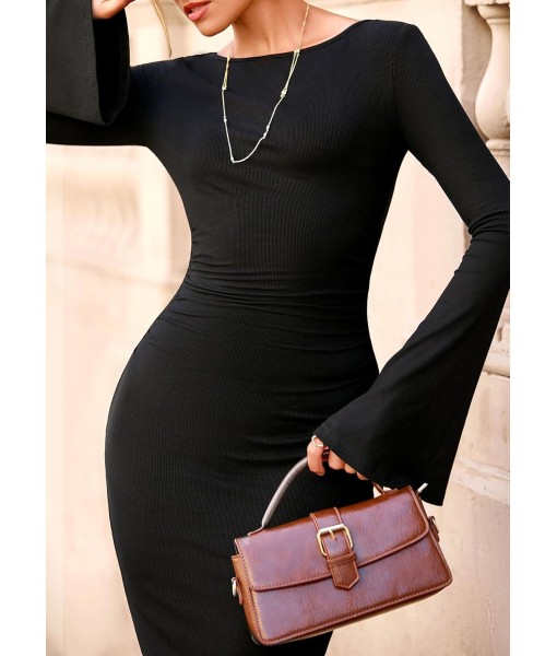 PRETTYGARDEN Maxi Dresses for Women 2025 Elegant Classy Fall Long Bell Sleeve Ruched Bodycon Fitted Cocktail Party Slit Dress