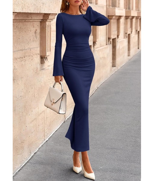 PRETTYGARDEN Maxi Dresses for Women 2025 Elegant Classy Fall Long Bell Sleeve Ruched Bodycon Fitted Cocktail Party Slit Dress