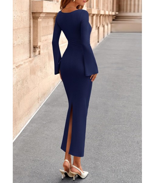 PRETTYGARDEN Maxi Dresses for Women 2025 Elegant Classy Fall Long Bell Sleeve Ruched Bodycon Fitted Cocktail Party Slit Dress
