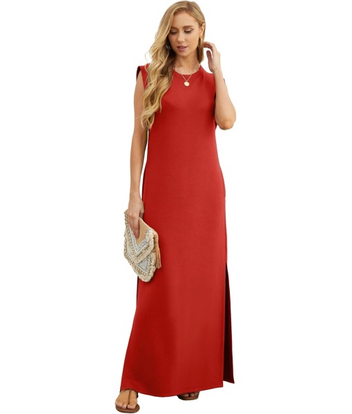 GRECERELLE 2025 Women Year-Round Casual Round Neck Loose Split Wrinkle-Free Long Maxi Vacation Dress with Pockets (XS-3XL)