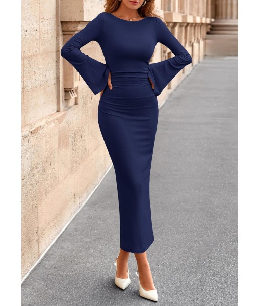 PRETTYGARDEN Maxi Dresses for Women 2025 Elegant Classy Fall Long Bell Sleeve Ruched Bodycon Fitted Cocktail Party Slit Dress