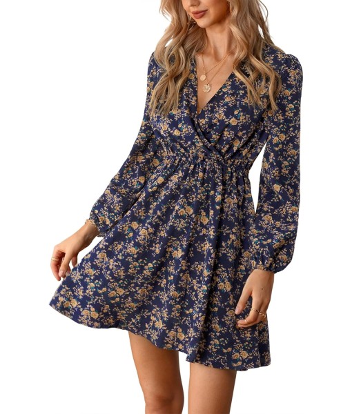 CUPSHE Women Floral Ruffle Summer Dress Surplice V Neck Long Peasant Sleeve Elastic Waist Flowy Casual Holiday Mini Dress
