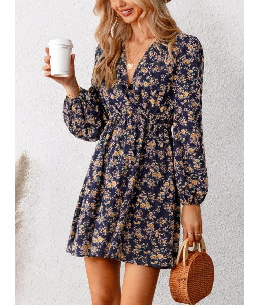 CUPSHE Women Floral Ruffle Summer Dress Surplice V Neck Long Peasant Sleeve Elastic Waist Flowy Casual Holiday Mini Dress