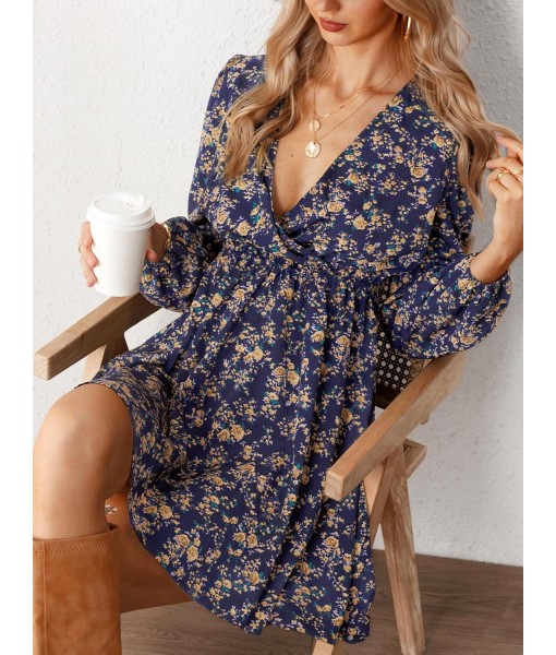 CUPSHE Women Floral Ruffle Summer Dress Surplice V Neck Long Peasant Sleeve Elastic Waist Flowy Casual Holiday Mini Dress