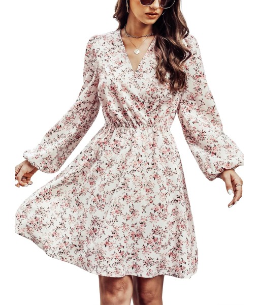 CUPSHE Women Floral Ruffle Summer Dress Surplice V Neck Long Peasant Sleeve Elastic Waist Flowy Casual Holiday Mini Dress