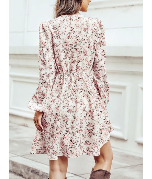 CUPSHE Women Floral Ruffle Summer Dress Surplice V Neck Long Peasant Sleeve Elastic Waist Flowy Casual Holiday Mini Dress