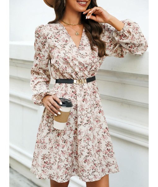 CUPSHE Women Floral Ruffle Summer Dress Surplice V Neck Long Peasant Sleeve Elastic Waist Flowy Casual Holiday Mini Dress
