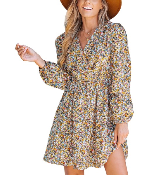 CUPSHE Women Floral Ruffle Summer Dress Surplice V Neck Long Peasant Sleeve Elastic Waist Flowy Casual Holiday Mini Dress