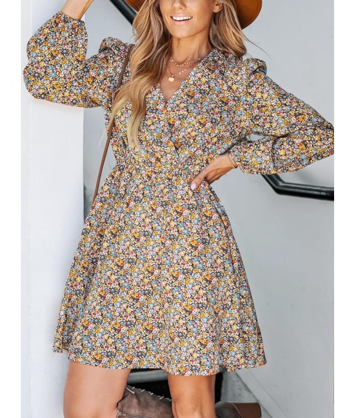 CUPSHE Women Floral Ruffle Summer Dress Surplice V Neck Long Peasant Sleeve Elastic Waist Flowy Casual Holiday Mini Dress