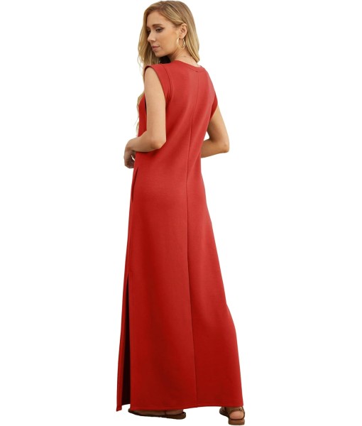 GRECERELLE 2025 Women Year-Round Casual Round Neck Loose Split Wrinkle-Free Long Maxi Vacation Dress with Pockets (XS-3XL)