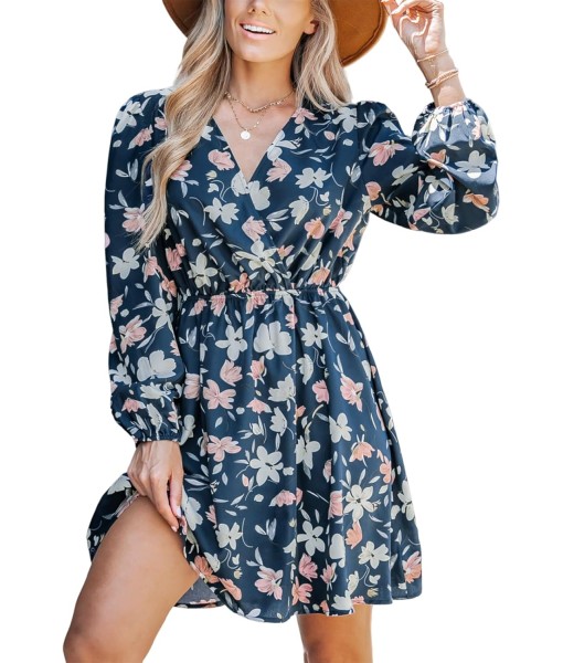 CUPSHE Women Floral Ruffle Summer Dress Surplice V Neck Long Peasant Sleeve Elastic Waist Flowy Casual Holiday Mini Dress