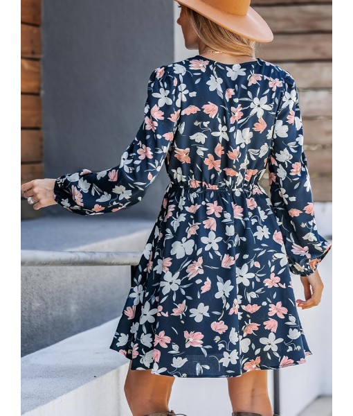 CUPSHE Women Floral Ruffle Summer Dress Surplice V Neck Long Peasant Sleeve Elastic Waist Flowy Casual Holiday Mini Dress