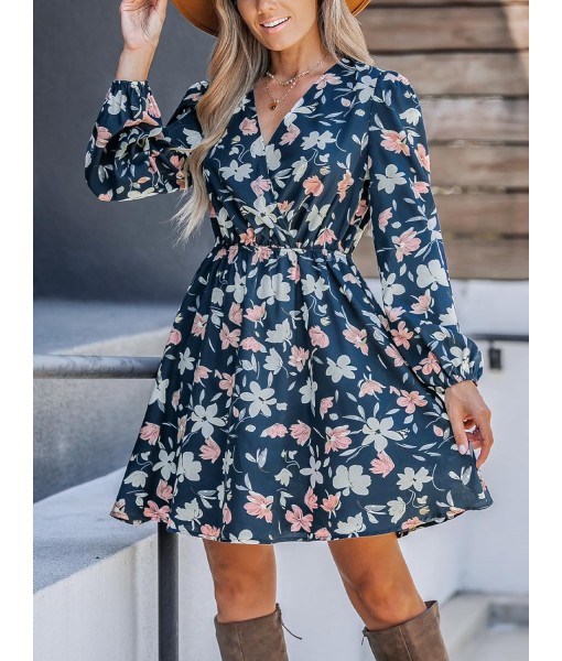 CUPSHE Women Floral Ruffle Summer Dress Surplice V Neck Long Peasant Sleeve Elastic Waist Flowy Casual Holiday Mini Dress