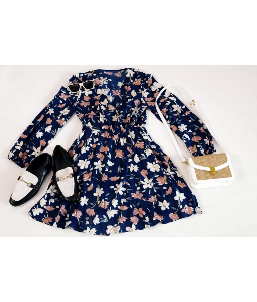 CUPSHE Women Floral Ruffle Summer Dress Surplice V Neck Long Peasant Sleeve Elastic Waist Flowy Casual Holiday Mini Dress