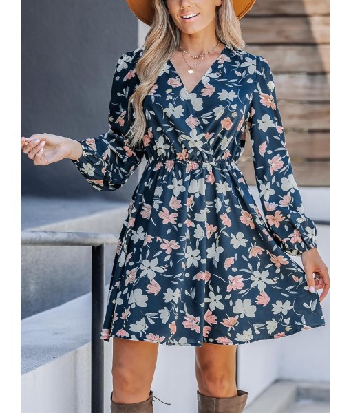CUPSHE Women Floral Ruffle Summer Dress Surplice V Neck Long Peasant Sleeve Elastic Waist Flowy Casual Holiday Mini Dress
