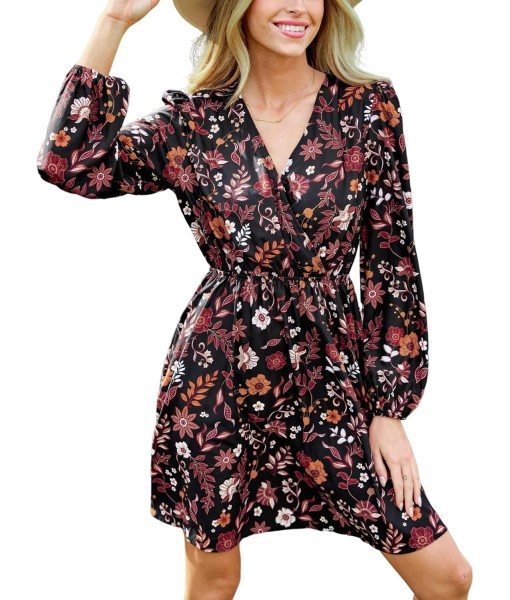CUPSHE Women Floral Ruffle Summer Dress Surplice V Neck Long Peasant Sleeve Elastic Waist Flowy Casual Holiday Mini Dress