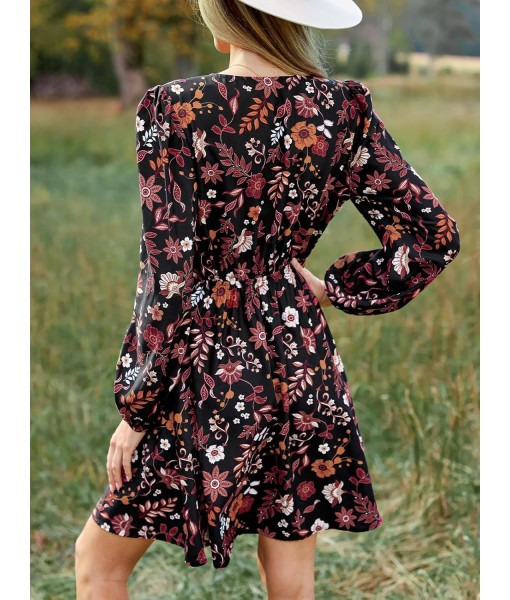 CUPSHE Women Floral Ruffle Summer Dress Surplice V Neck Long Peasant Sleeve Elastic Waist Flowy Casual Holiday Mini Dress