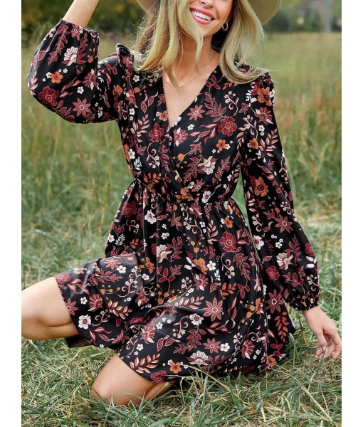 CUPSHE Women Floral Ruffle Summer Dress Surplice V Neck Long Peasant Sleeve Elastic Waist Flowy Casual Holiday Mini Dress