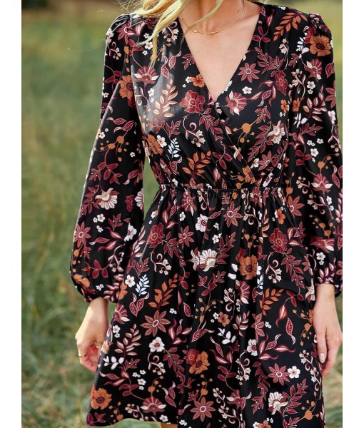 CUPSHE Women Floral Ruffle Summer Dress Surplice V Neck Long Peasant Sleeve Elastic Waist Flowy Casual Holiday Mini Dress