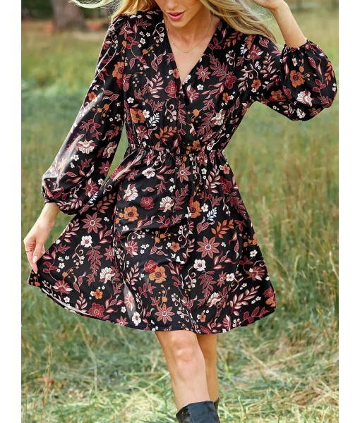 CUPSHE Women Floral Ruffle Summer Dress Surplice V Neck Long Peasant Sleeve Elastic Waist Flowy Casual Holiday Mini Dress