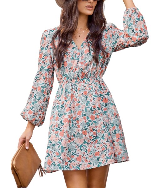 CUPSHE Women Floral Ruffle Summer Dress Surplice V Neck Long Peasant Sleeve Elastic Waist Flowy Casual Holiday Mini Dress