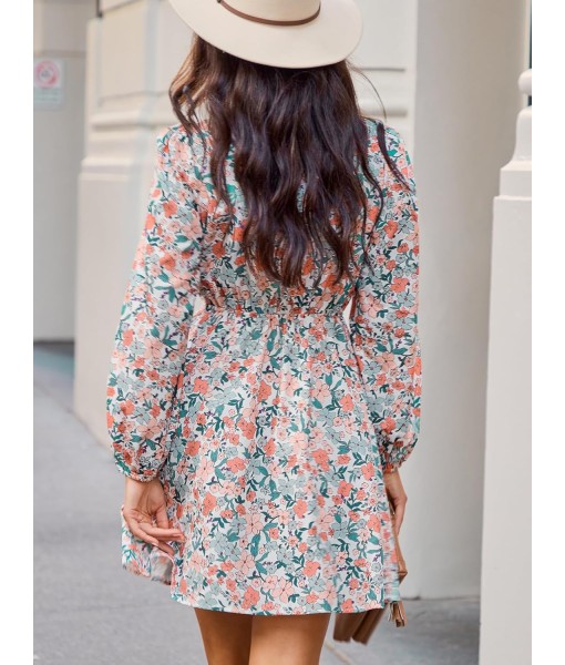 CUPSHE Women Floral Ruffle Summer Dress Surplice V Neck Long Peasant Sleeve Elastic Waist Flowy Casual Holiday Mini Dress