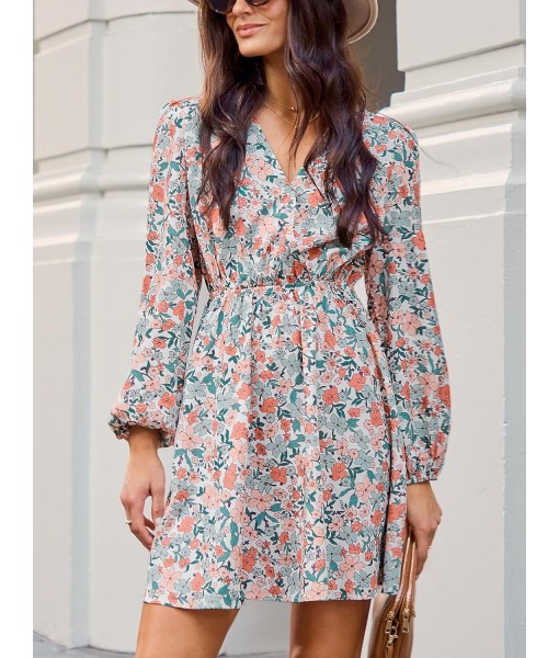 CUPSHE Women Floral Ruffle Summer Dress Surplice V Neck Long Peasant Sleeve Elastic Waist Flowy Casual Holiday Mini Dress
