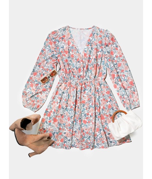 CUPSHE Women Floral Ruffle Summer Dress Surplice V Neck Long Peasant Sleeve Elastic Waist Flowy Casual Holiday Mini Dress