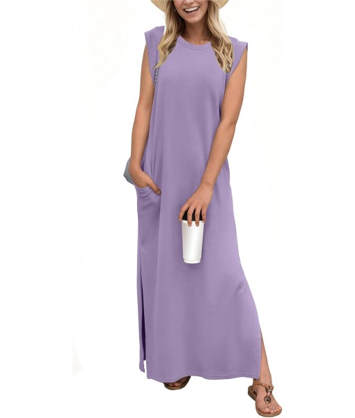 GRECERELLE 2025 Women Year-Round Casual Round Neck Loose Split Wrinkle-Free Long Maxi Vacation Dress with Pockets (XS-3XL)
