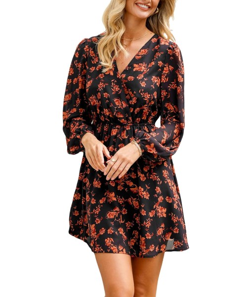 CUPSHE Women Floral Ruffle Summer Dress Surplice V Neck Long Peasant Sleeve Elastic Waist Flowy Casual Holiday Mini Dress