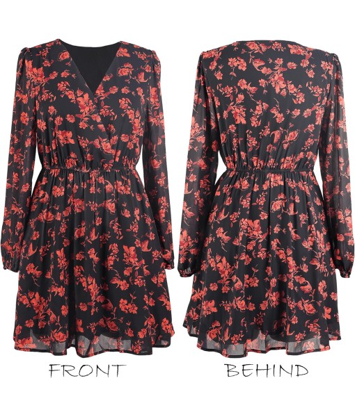 CUPSHE Women Floral Ruffle Summer Dress Surplice V Neck Long Peasant Sleeve Elastic Waist Flowy Casual Holiday Mini Dress