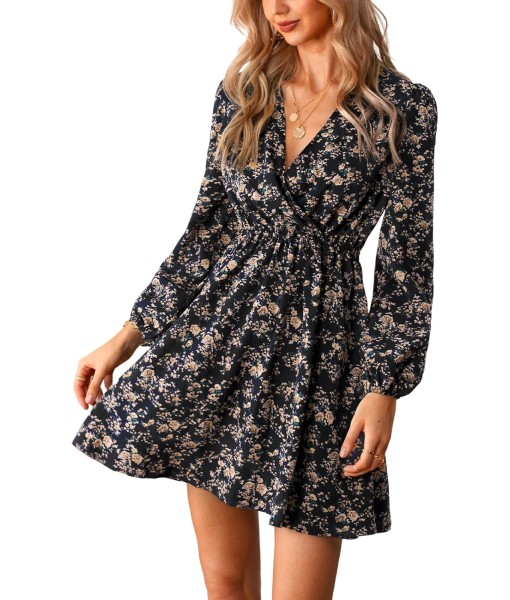 CUPSHE Women Floral Ruffle Summer Dress Surplice V Neck Long Peasant Sleeve Elastic Waist Flowy Casual Holiday Mini Dress