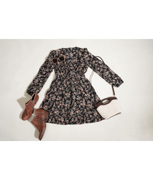 CUPSHE Women Floral Ruffle Summer Dress Surplice V Neck Long Peasant Sleeve Elastic Waist Flowy Casual Holiday Mini Dress