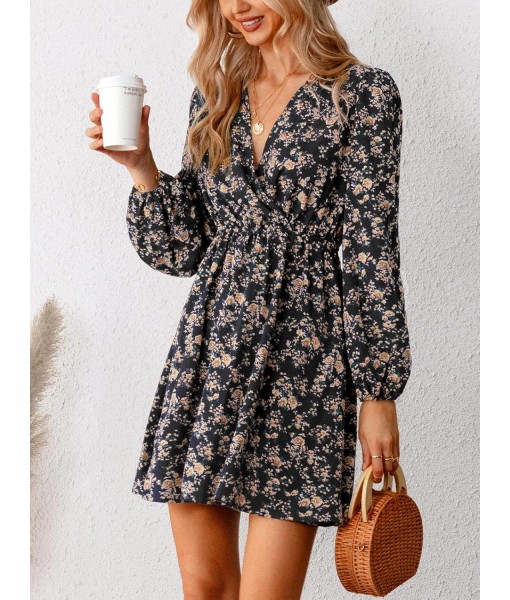 CUPSHE Women Floral Ruffle Summer Dress Surplice V Neck Long Peasant Sleeve Elastic Waist Flowy Casual Holiday Mini Dress